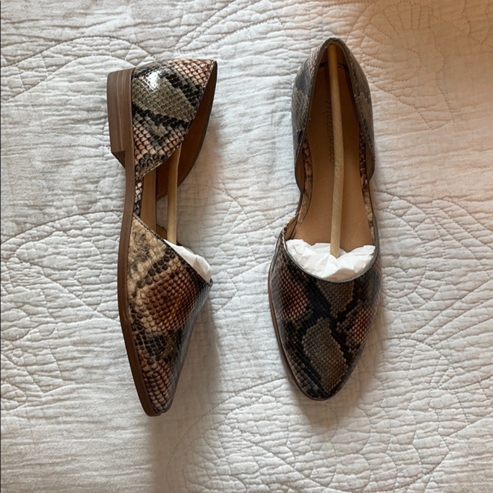 Madewell Brown and Black Flats with Snakeskin Texture